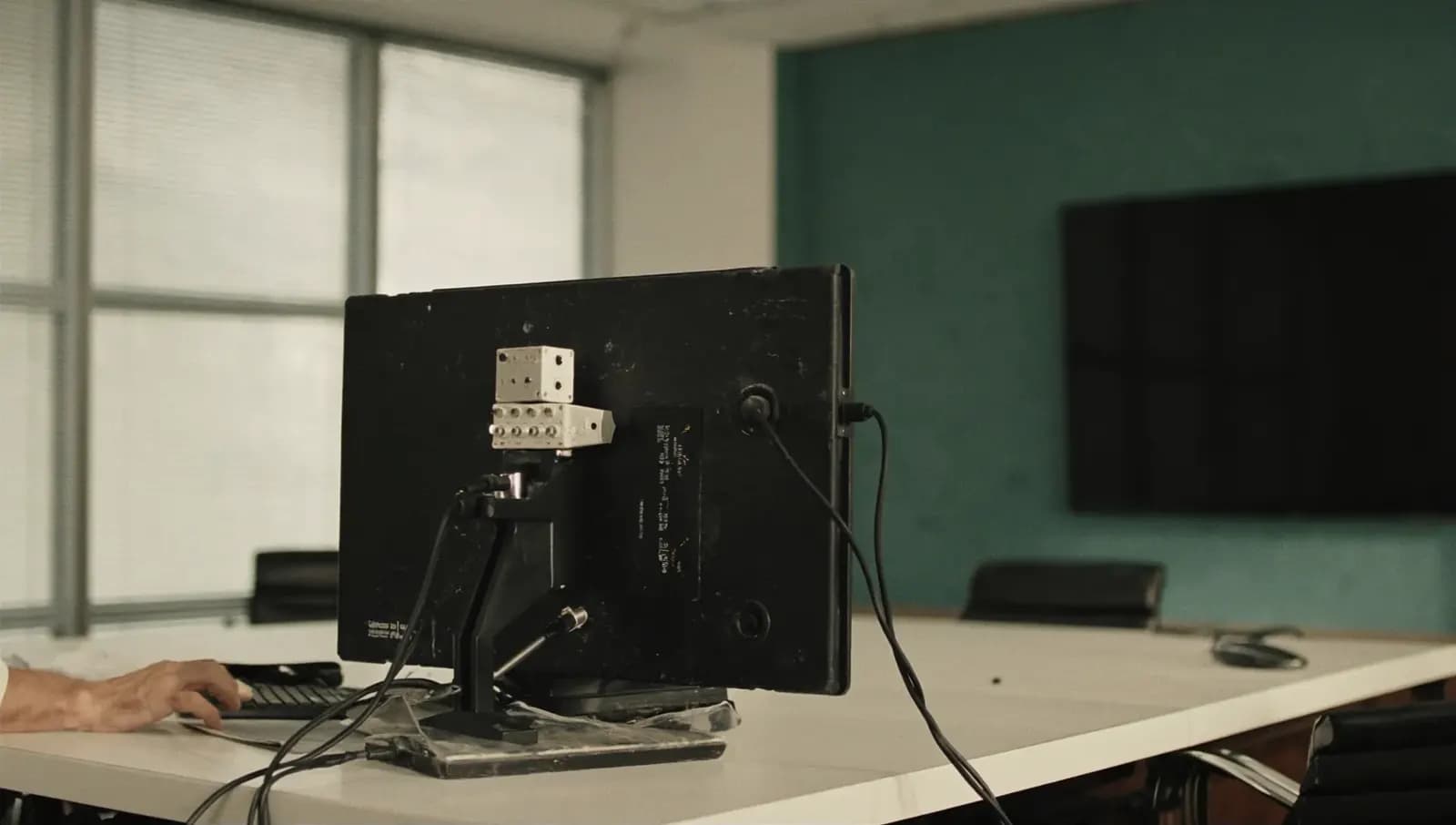 A conference-room video setup being prepared on a long table, a large screen on the wall behind.