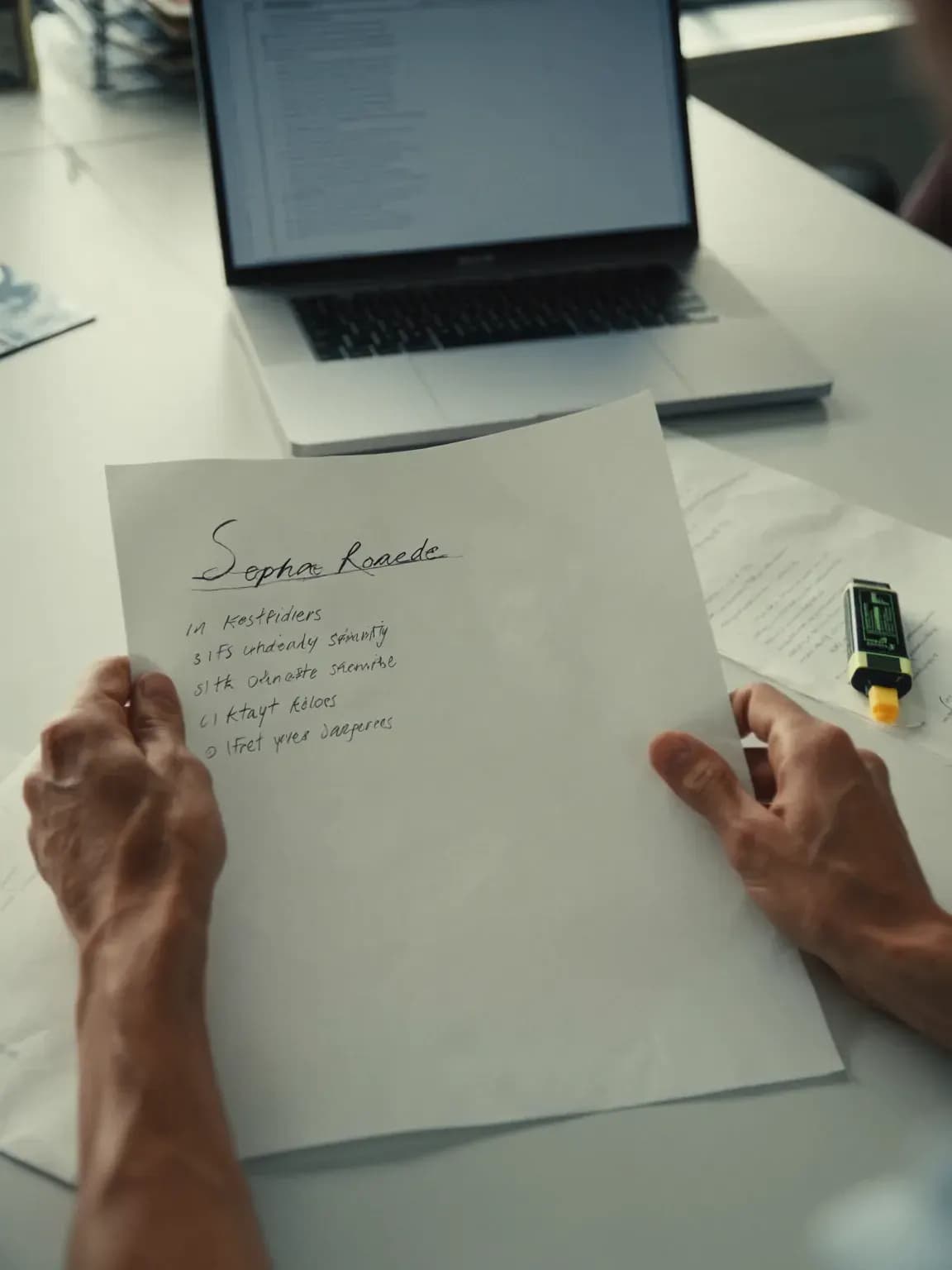 A recruiter at a sunlit desk reviewing a short list, with a yellow highlighter beside her notes.