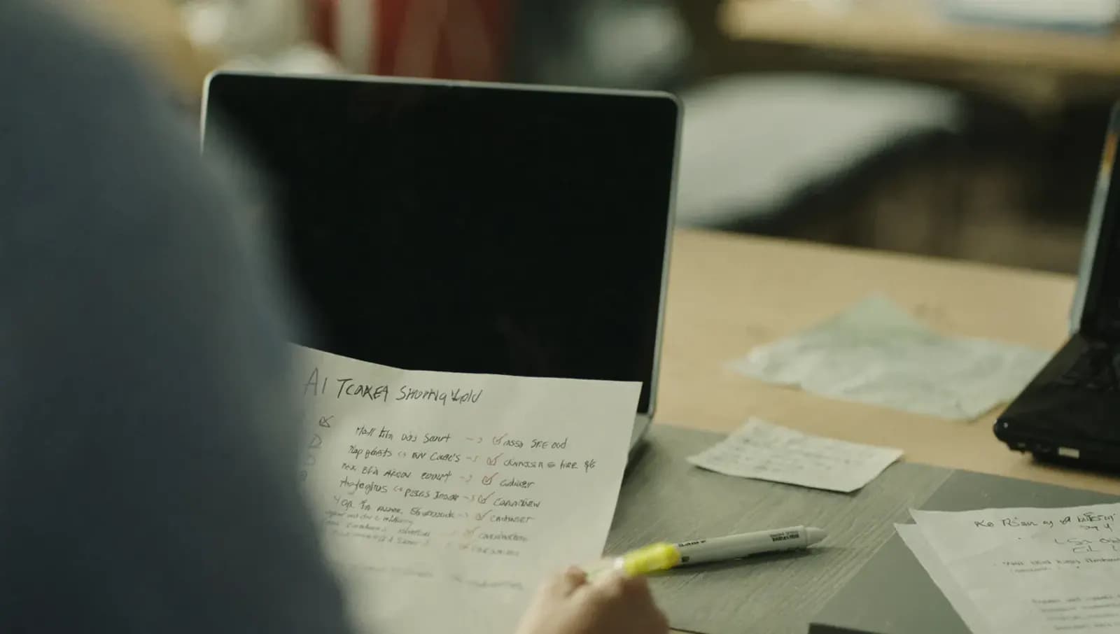 Over a recruiter's shoulder: a handwritten short list and a yellow highlighter beside a laptop.